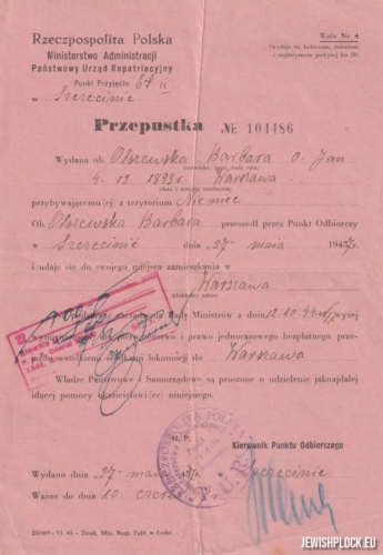 Pass issued to Barbara Olszewska on May 27, 1947 in Szczecin (source: private collection of Zuzanna Witwicka)